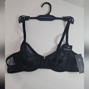 Tommy Hilfiger Black Lace Bra 34A Logo Mesh Unlined Underwire Balconette